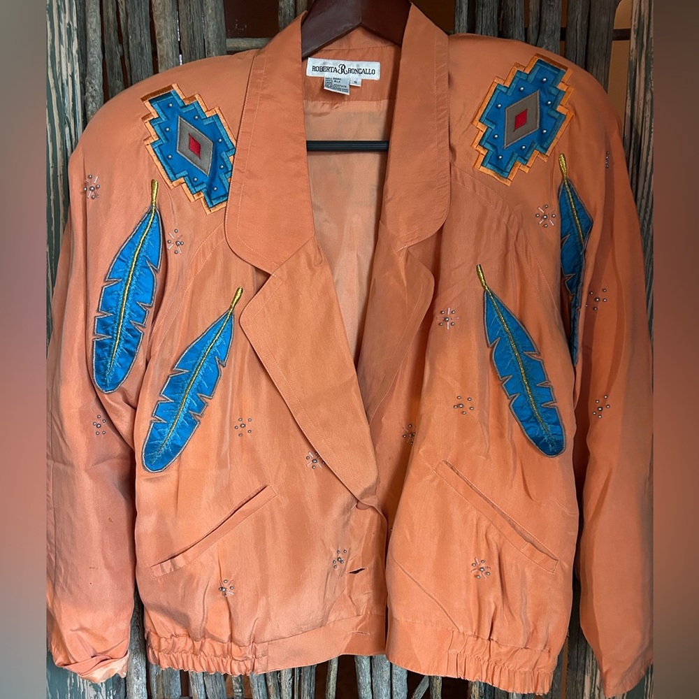 Silk Jacket with Blue Feathers and Southwest Accents — VINTAGE